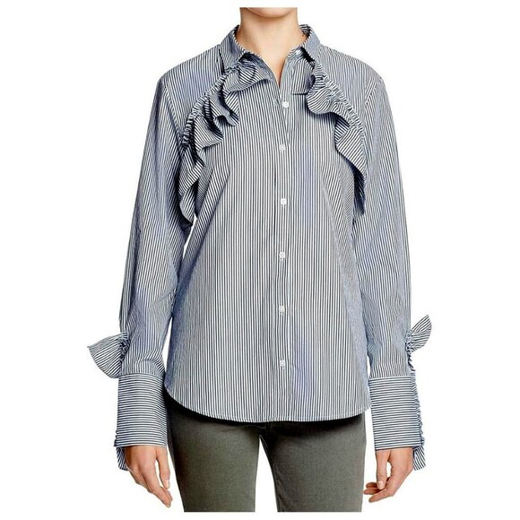 Kenneth Cole Women's Ruffle Detail Poplin Shirt, Evening Blue Stripe, S - Picture 1 of 5